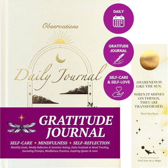 Gratitude Journal for Women & Men – Daily guided journal for self-love, mindfulness, and manifestation. Thoughtful self-care and spiritual gift with prompts, ivory design with gold foil.
