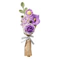 thumbnail image 1 of Paper Flower Bouquet Knitted Rose Yarn Handmade Simulated Flowers with Purple Crochet Roses and Green Leaves Wrapped in Newspaper-Style Paper and Checkered Ribbon, 1 of 5