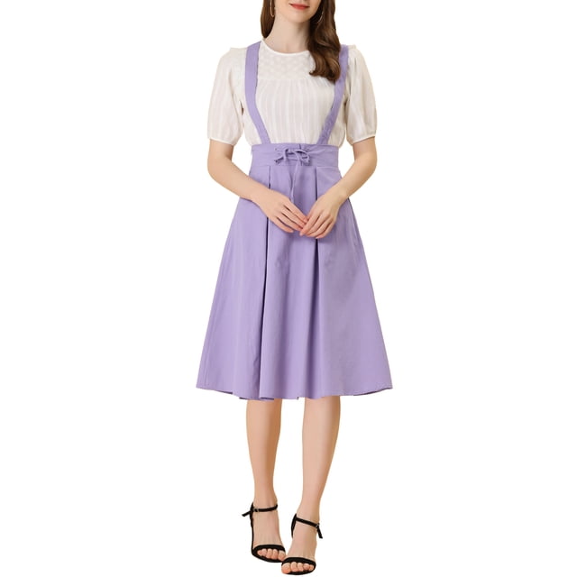 Unique Bargains Jupe Midi Plissée à Bretelles Rétro à Taille Élastique pour Femme Violet TP