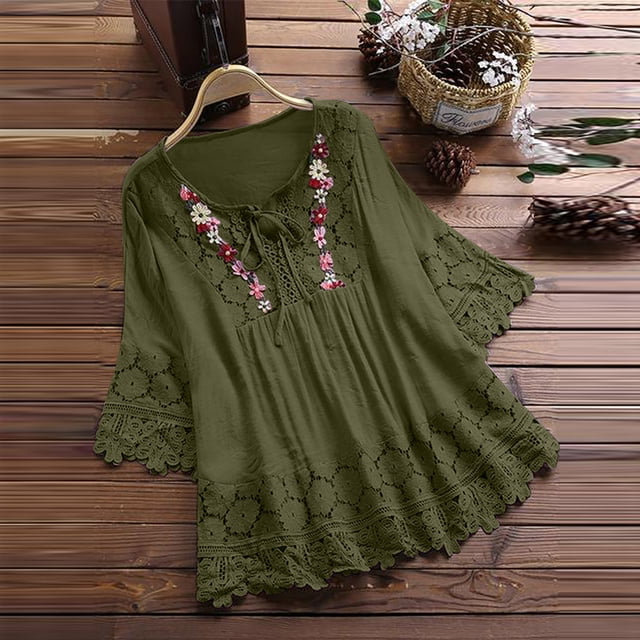 Soki 3/4 Length Sleeve Womens Boho Tops Cotton Linen Embroidered Shirts Plus Size Flowy Lace Tunic Peasant Blouses