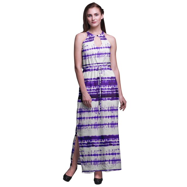 Bimba Robe Maxi Teinture sur Nœuds pour Femmes à Col Rond, Taille à Cordon, Imprimé, avec Fentes Latérales, Tenue d'Été - Très Petit