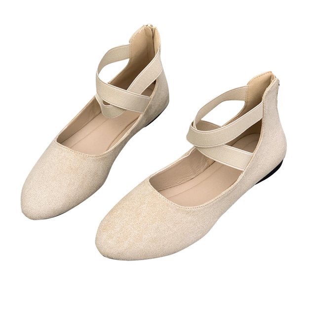 Ladys Single Shoes Suede Surface Elastic Ankle Strap Soft Sole Pointy Toe Flats Bottom Ballet Rear Ankle Zipper Shoes New Large Size Shallow Mouth Elastic Flat Shoes Beige