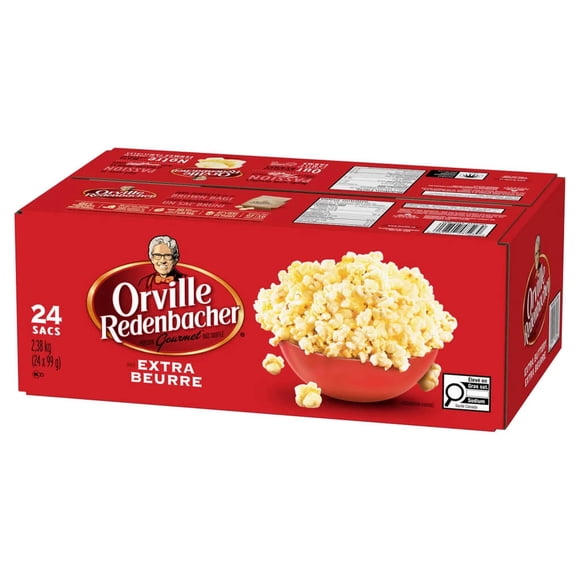Orville Redenbacher's Maïs Soufflé Micro-Ondes Extra Beurré, Collation Classique Style Cinéma, Boîte en Vrac de 24 Unités (Sachets Individuels de 99 g)