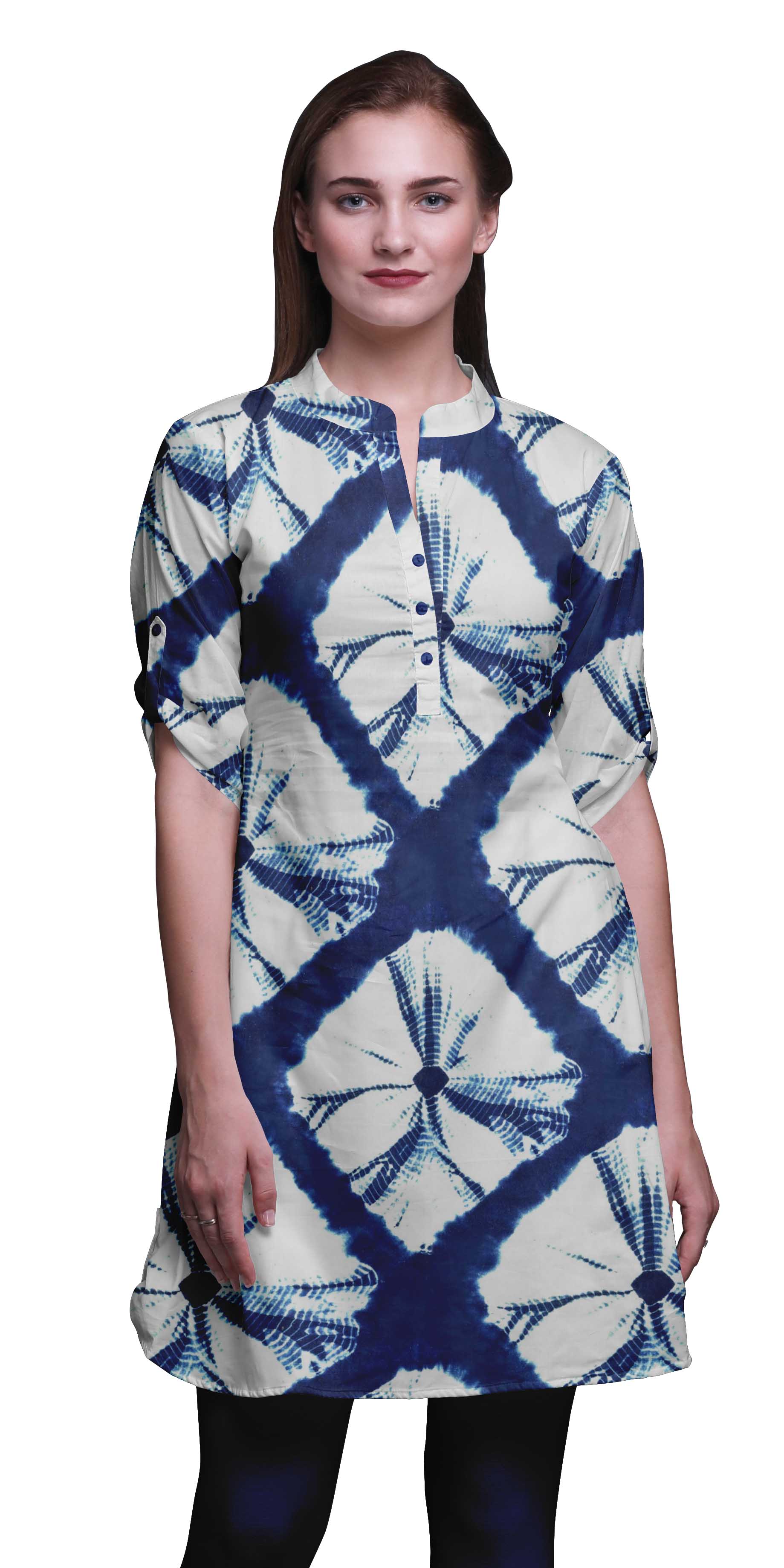 Bimba Short Kurtis For Ladies Printed Mandarin Collar Roll Up Sleeve Dress