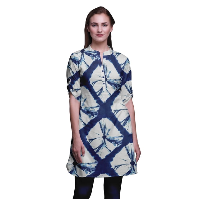 Bimba Kurtis Courtes pour Femmes Imprimées à Col Mandarin Robe à Manches Retroussables