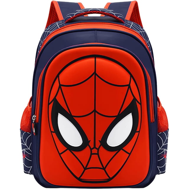 Toddler School Backpack 3D Comic Schoolbag Waterproof Lightweight Backpack for Elementary Student Schoolbag Kids in navy color. The backpack features a bold 3D comic design resembling a superhero mask in red and black on the front. It is made of durable, lightweight, and waterproof polyester material. The bag includes adjustable padded shoulder straps, a concise front pocket, elastic mesh side pockets, and a main compartment with a separator for organized storage. Suitable for children aged 3-8, with dimensions of 30 x 18 x 38 cm.
