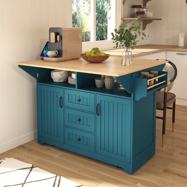 MODERNLUXE 55.7" Kitchen Island for 4-6,Rolling Kitchen Cart on 5 Wheels with Spice & Towel Rack, 3 Drawers,Power Outlet and 2 Drop Leaf,Folding Dining Table for Kitchen Dining Room,Green