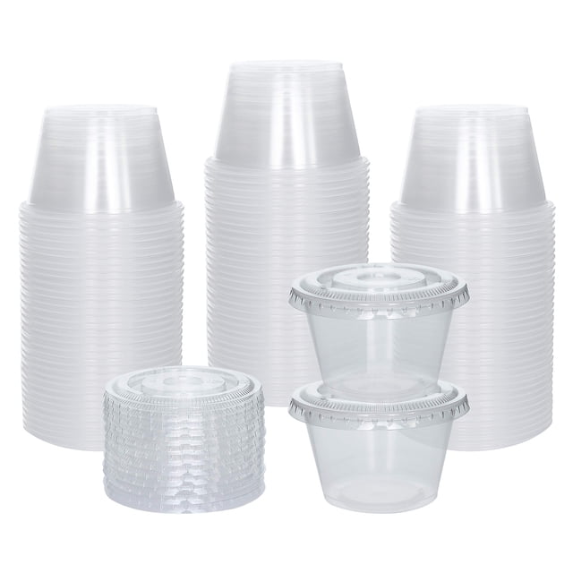 Galashield 100 Sets 4 oz Small Plastic Containers with Lids, Jello Shot Cups, Disposable Portion Containers, Souffle Cups for Sauce and Dressing