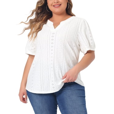 Agnes Orinda Women's Plus Size Tops Hollow Casual V Neck Short Sleeves Summer Blouse Shirts 1X White