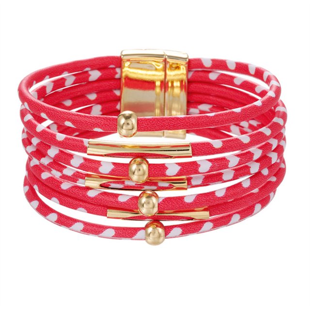 QualitChoice Bracelet Multi-Couches Boucle Magnétique Cuir Multicolore Léopard Impression Valentines Jour Cadeaux Bracelets Bijoux à la Main Rouge 1Set