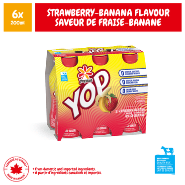 Yoplait Yop Drinkable Yogurt 1.5%, Strawberry Banana, Kids Snack, 6X200 ml