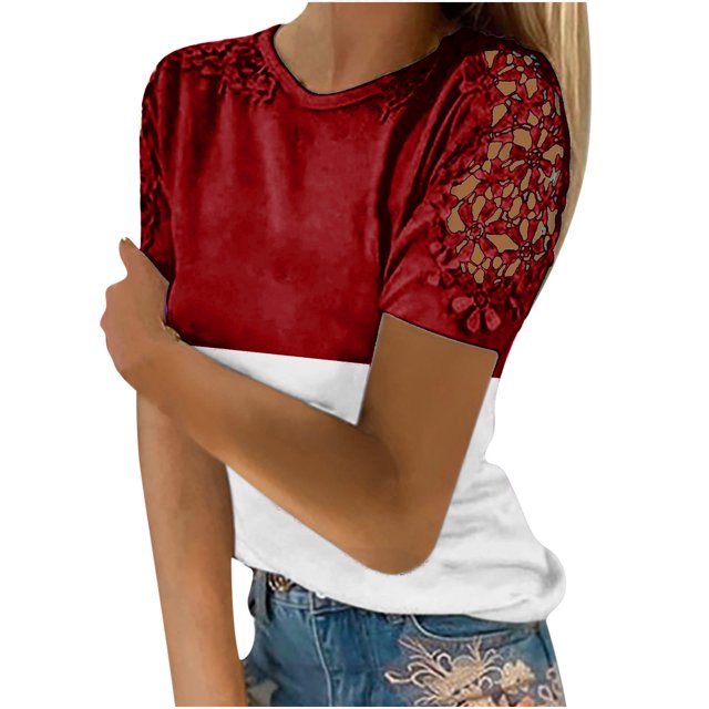 yoeyez T-Shirts pour Femmes en Dentelle à Manches Courtes Raglan Hauts Décontractés à Col Rond Chandail Mode T-Shirt Uni à Motif Floral Tenues d'Été 2025 Rouge TTG