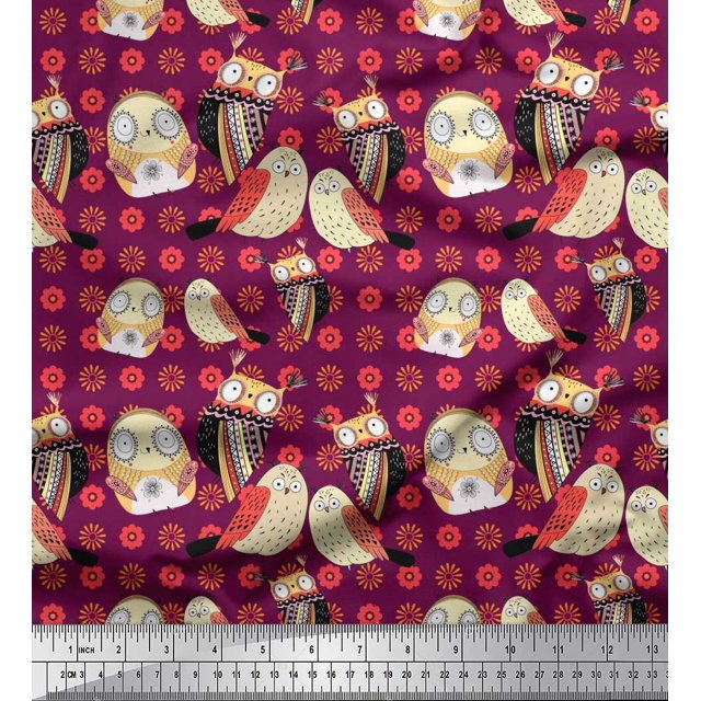 Soimoi Rayon Fabric Floral & Owl Cartoon Print Fabric by Yard 42 Inch Wide