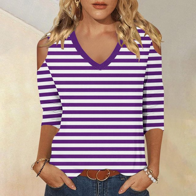 RXIRUCGD T-shirt Uni à la Mode pour Femme, Manches 3/4, Col en V, Haut Décontracté, Violet, Taille : S