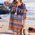 thumbnail image 4 of Ovzne Robes pour Femmes Robe pour Femme Mode Féminine Décontractée Imprimée à Cordon Fente Été Manches 3/4 Robe à Col Rond Robe d'Été Imprimée Liquidation, 4 of 7