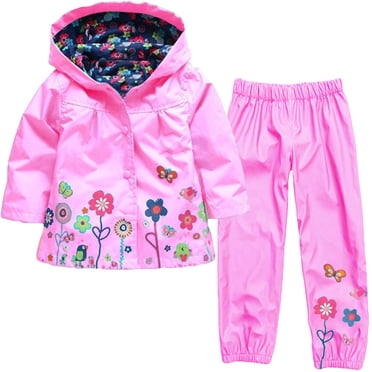 LSLJS Kids Rain Jacket, Toddler Baby Girls Long Sleeve Floral Coat Rainproof Hooded Jacket Trousers Suit( Pink, 3 Years)
