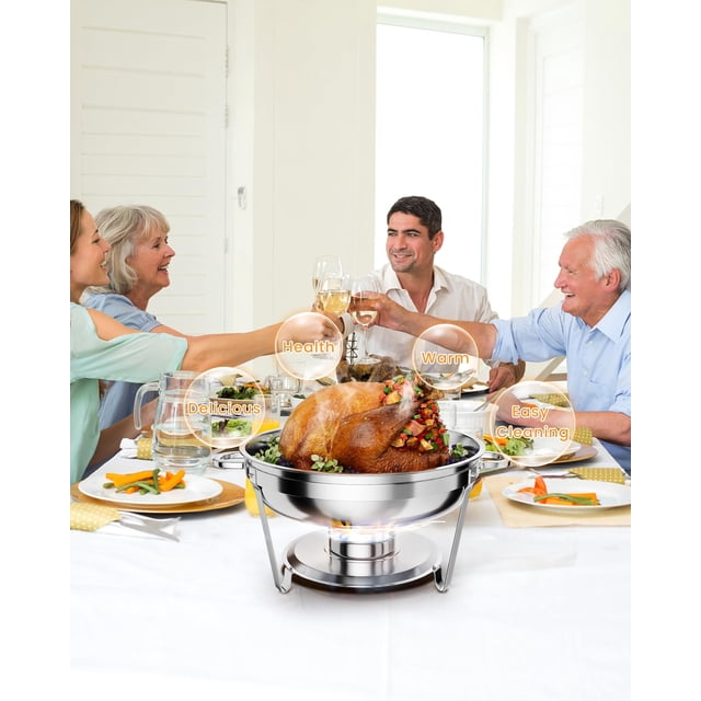 BeesClover Plat Anti-Frottement pour Buffet, Ensemble de 5 Qt de Plats Ronds Anti-Frottement pour Buffet avec Porte-Couvercle, Réchauds et Réchauds Alimentaires en Acier Inoxydable avec Cuillère et Pinces pour Fêtes, Mariages