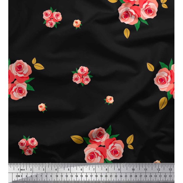 Soimoi Tissu Popeline de Coton Feuilles & Roses Imprimés de Tissu au Mètre 56 Pouces de Large