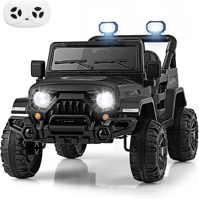 OLAKIDS Ride on Truck, 12V Battery Powered Electric Vehicle for Kids with Remote Control, shown in a sleek black design with bright LED headlights and rugged tires. Features include Bluetooth, music player, power display, and a parental remote control. Suitable for children aged 3 and up, this ride-on toy offers a realistic driving experience with double-lock doors, a rotating steering wheel, and a 2-point safety belt. The vehicle is designed for use on various terrains and supports a maximum weight of 66 lbs.