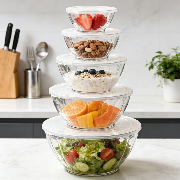 食器  Glass Bowl Set with Stand Glass Mixing Bowls with Lids Set, 5-Pieces Glass Bowls for Food