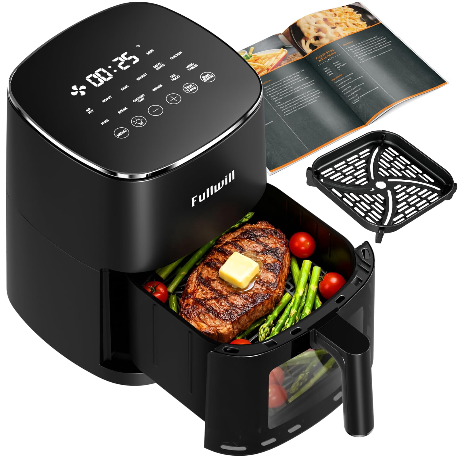 Fullwill Air Fryer with Viewing Window 6QT,5-in-1 Multi-Function(Air Fry,Roast,Bake,Reheat,Dehydrate) plus 7 One-Touch Presets for Wings,Fries,Steak