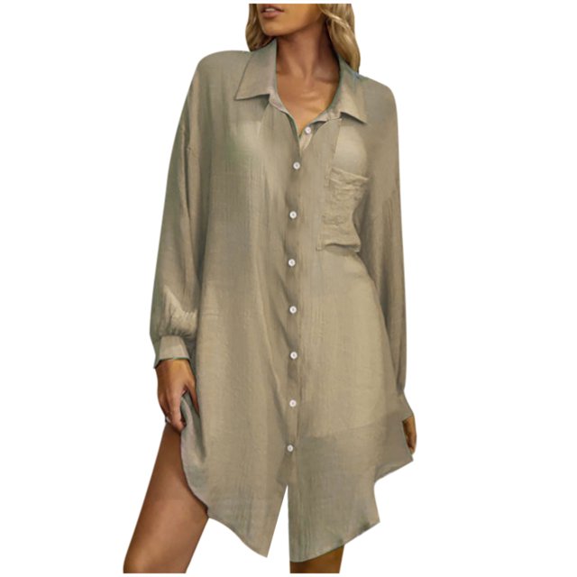 Robe Chemise Mini d'Été Unie à Manches Longues pour Femme, Col à Revers, Simple Boutonnage, Décontractée, Ample, Blouse, Robe Courte pour Femme