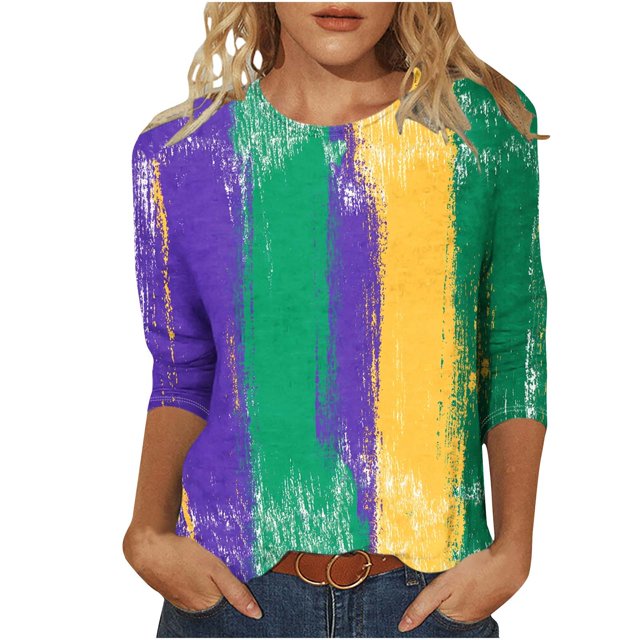 Penkiiy T-shirt Décontracté à Col Rond Manches 3/4 pour Femmes Mardi Gras Mode Imprimée Multicolore