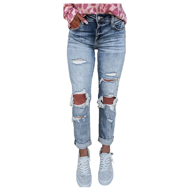 Bigersell High Waisted Jeans Cropped Jeans Sale Flare Jeans Ladies Wide-Leg Denim Pants Button Closure Washed Distressed Female Pull On Jeans Fitted High Waist Full Length Pants Style J-131 Blue XL