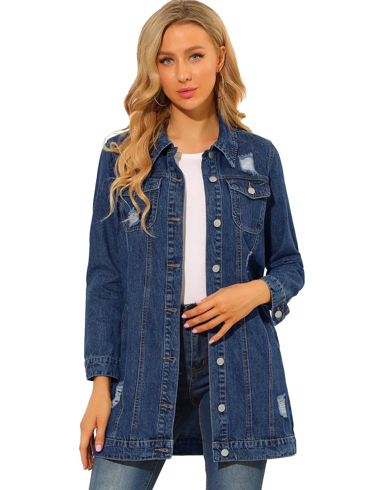 INSPIRE CHIC Veste en Denim pour Femmes à Manches Longues, Déchirée, Boutonnée, Mi-Longue, Usée