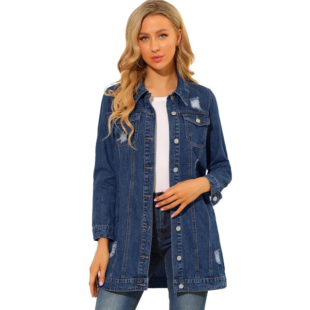 INSPIRE CHIC Women's Long Sleeve Ripped Button Mid Length Distressed Denim Jacket