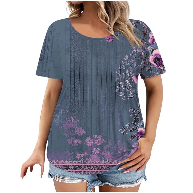 Pisexur Hauts de Printemps pour Femmes 2025, Hauts pour Dames, Hauts Grande Taille pour Femmes, Hauts de Sortie pour Femmes, T-shirt Décontracté à Manches Courtes Col Rond Imprimé Mode pour Femmes Violet,G