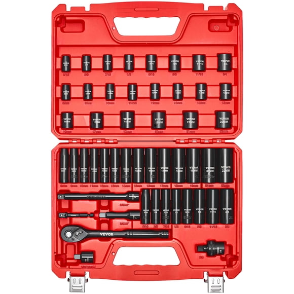 VEVOR 3/8 in Drive Impact Socket Set, 50 Piece, 6 Point Deep & Shallow Impact Sockets, SAE (5/16 in to 3/4 in) and Metric (8 to 22 mm) Sizes with 3 in & 6 in Extension Bars