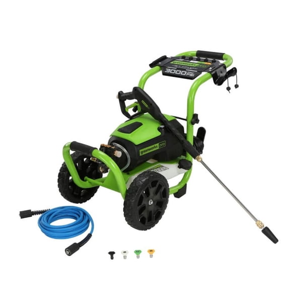 Greenworks 3000 PSI 1.1 GPM Cold Water Brushless Electric Pressure Washer, High Pressure Hose, 15°, 25°,40°, Soap and Turbo Nozzles