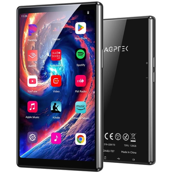 AGPTEK Lecteur MP3 5 Pieds' 128 Go avec Bluetooth et Wi-Fi, Écran Tactile T09, Lecteur de Musique Android 13 avec Spotify, Audible, YouTube, jusqu'à 1 to (Noir)