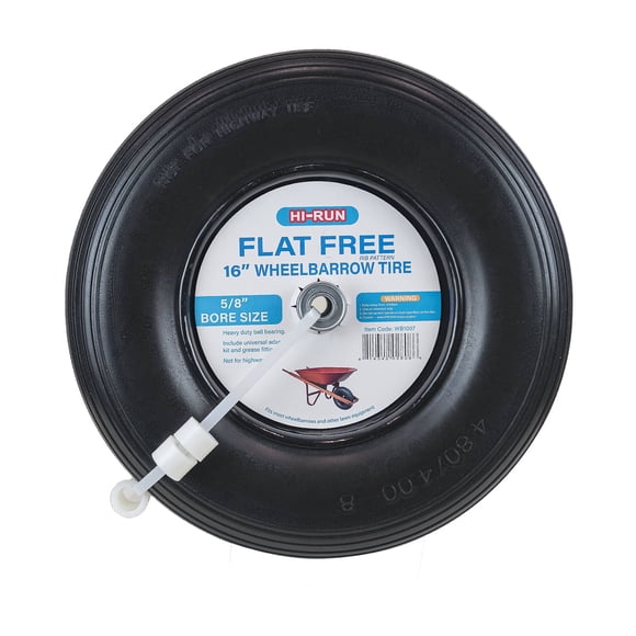 Hi-Run 16" Ribbed Flat-Free 4.80/4.00-8 Roue et pneu de brouette assemblé avec douille 5/8" pré-monté