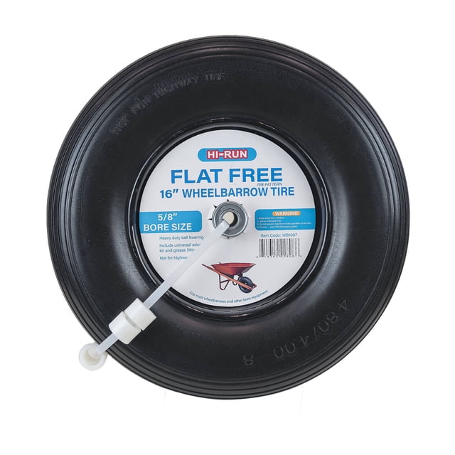 Hi-Run 16" Ribbed Flat-Free 4.80/4.00-8 Wheelbarrow Tire Wheel Assembly with 5/8" Bushing Pre-Mounted