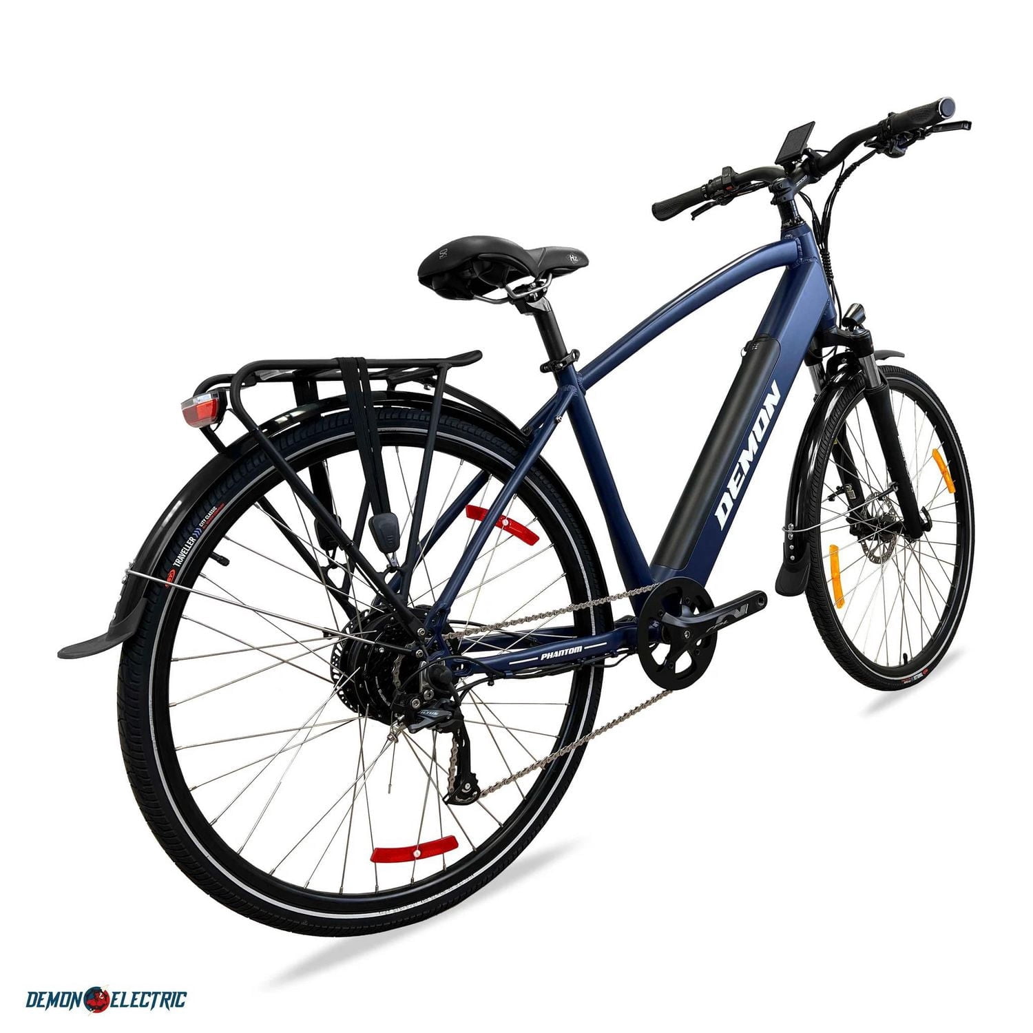 Demon Electric Vélo électrique de 27,5 pouces, moteur de 350 W, vélo électrique pour les adultes, 32 km/h, vélo électrique de ville Shimano 9 vitesses, Bleu marine
