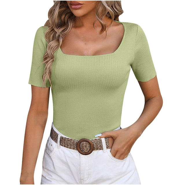 AherBiu Crop Tops for Women Square Neck Short Sleeve Slim Ribble Knit Blouse Going out Tops for Women