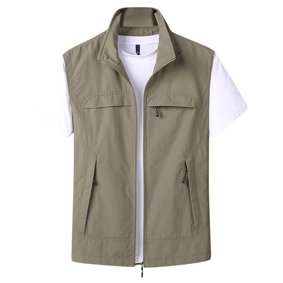 aohooy Mens Casual Lightweight Travel Vests Utility Safari Work Vest Zip up Sleeveless Jackets for Outdoor Travel Hiking Fishing Khaki,XXXXXL