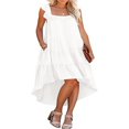 thumbnail image 1 of Femmes Été Volants Robe Manches Contraste Couleur/cou Carré Couleur Unie Ourlet Irrégulier Robe pour la Plage Date, 1 of 6
