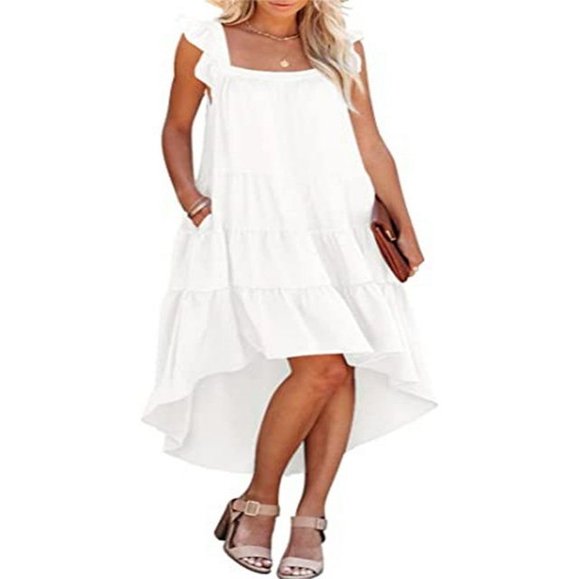 Femmes Été Volants Robe Manches Contraste Couleur/cou Carré Couleur Unie Ourlet Irrégulier Robe pour la Plage Date