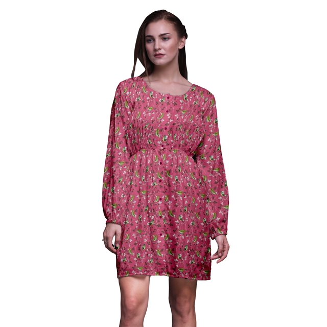 Bimba Robe Midi Boutonnée à Feuilles Roses et Oiseau Flowerpecker pour Femmes Tunique à Manches Longues Haut Smocké - X-Grand