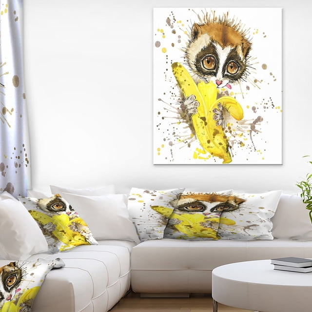 Design Art Bull Terrier Dog Canvas Print featuring a gallery wrapped cotton canvas with a watercolor-style bull terrier dog holding a peeled yellow banana, ready to hang on a white wall above a modern white sectional sofa with matching decorative pillows, suitable for enhancing home décor and wall art.