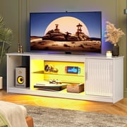 Bestier High Glossy TV Stand for 65 inch TVs with LED Lights, Fluted Entertainment Center with Storage Cabinet & Shelves,TV Console Table for PS5,White