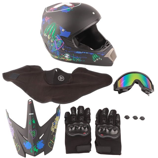 Motorcycle Helmet, Fully Washable Fully Removable Soft Padding Liner Dirt Bike Helmet Lightweight for Kids for Outdoor Riding. The set includes a black motocross helmet with colourful graphics, a pair of black gloves with reinforced knuckles, a black face cover, a visor attachment, and a pair of goggles with a rainbow-tinted lens. The helmet features a high-strength polycarbonate shell, breathable 3D padding liner, and intake and exhaust ports for ventilation. Designed for impact resistance and comfort, it includes a quick-release buckle for secure fastening. Available in sizes S to XL.