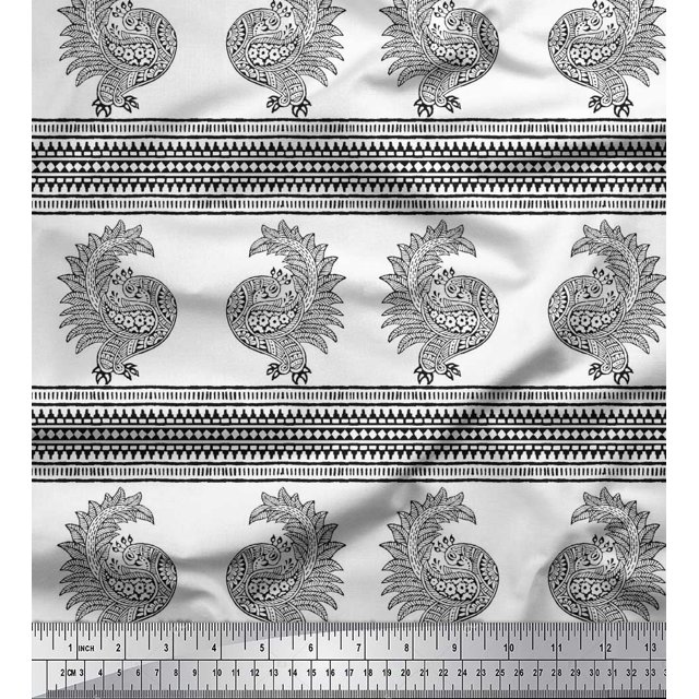 Soimoi Modal Satin Fabric Peacock Block Printed Craft Fabric by The Yard 42 Inch Wide