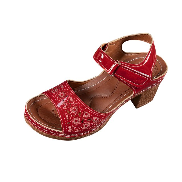 Sandals for Women, Fish Mouth Design with Hook-and-Loop Ankle Strap, Thick Block Heel, Faux Leather Upper, Cushioned Insole, Breathable Open-Toe