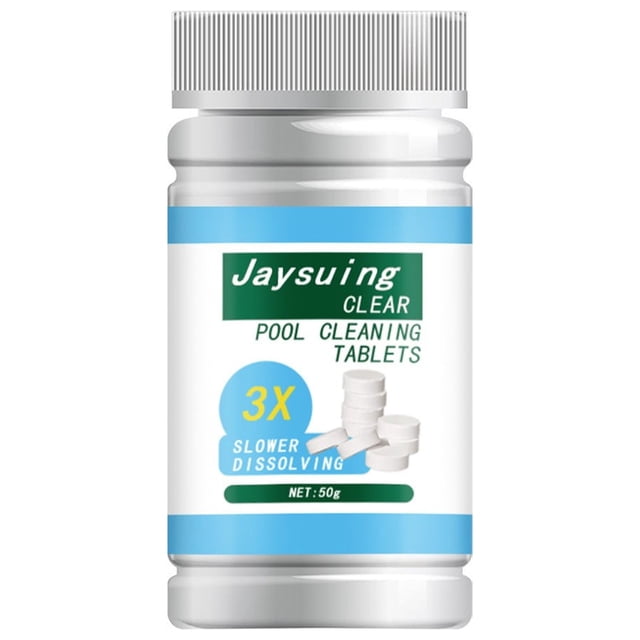 Liquidation Aujourd'hui! 50 g JIASEN Comprimés de Chlore pour Piscine et Spa dans un Contenant Blanc et Bleu Étiqueté « Comprimés de Nettoyage de Piscine Jaysuing Clear ». Conçus pour les Piscines et les spas, Ces Comprimés de Chlore à Dissolution Plus Lente Contrôlent Efficacement les Algues, Restorisent la Clarté des Cristaux et Assurent la Sécurité pour l'Environnement et les Oiseaux.