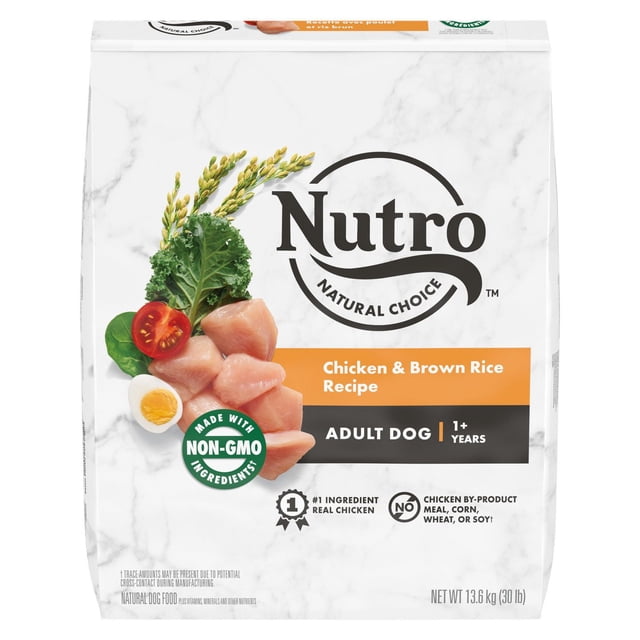 Nutro Natural Choice Adult Dry Dog Food Chicken & Brown Rice Recipe bag with white marble design, featuring raw chicken pieces, kale, tomato slice, boiled egg half, and rice stalks on the front, for adult dogs 1+ years, made with non-GMO ingredients and real chicken as the #1 ingredient, free from chicken by-product meal, corn, wheat, or soy, net weight 13.6 kg (30 lb).