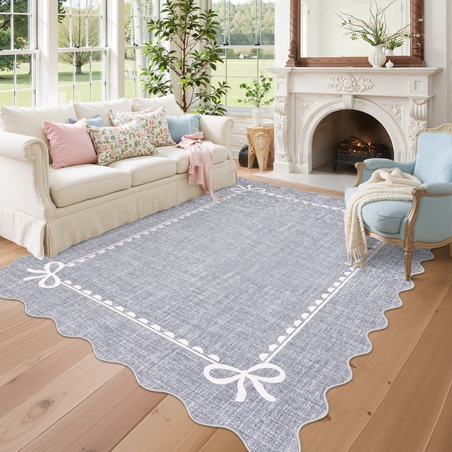 GlowSol 5'x7' Scalloped Bow Border Area Rug, Modern Solid Washable Rug with Non Slip TPR Backing, Stain Resistant Low Pile Indoor Carpet Mat for Bedroom Hallway Nursery Decor, Grey